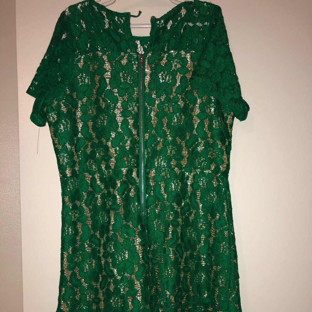 Green and metallic gold party dress, shows size 16